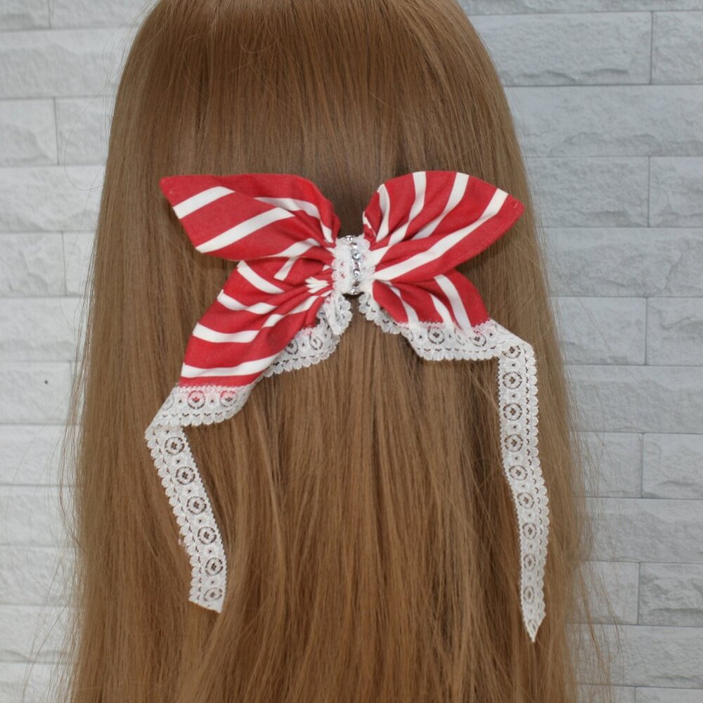 HAND CRAFTED Upcycled Red White Stripe Butterfly Hair Bow Oversized Lace Tail
